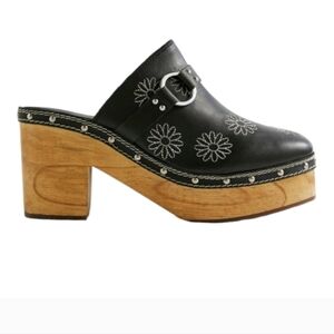 Urban Outfitters Black Floral Mules with Wooden Heel